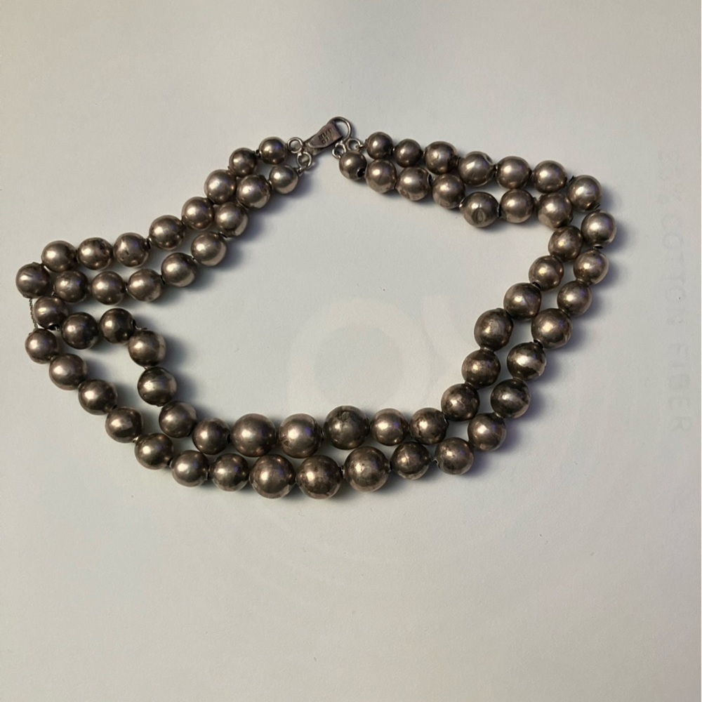 Mexico Silver Beaded 2 Strand Necklace